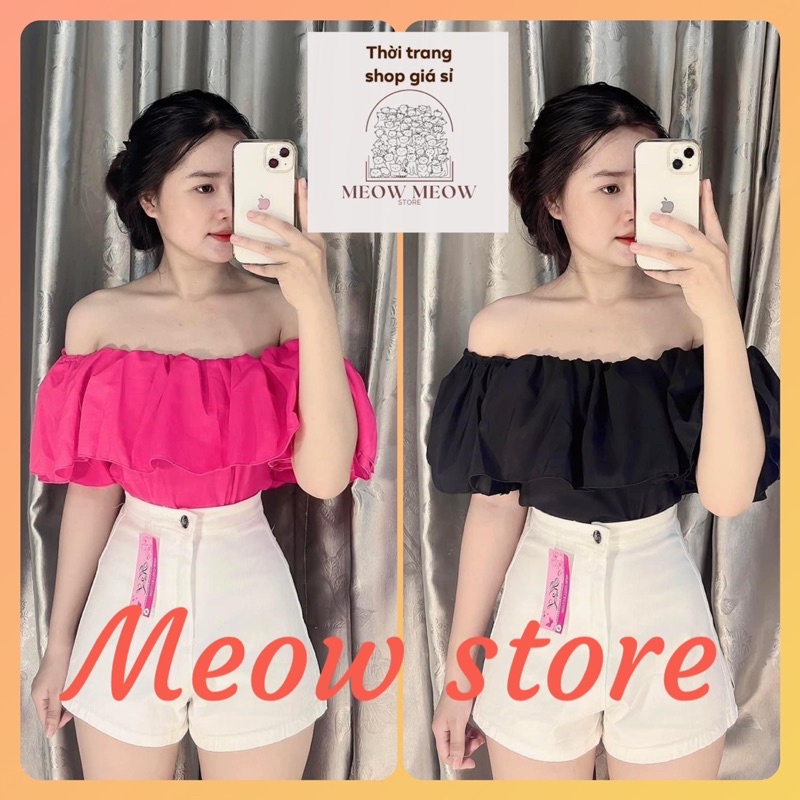 Áo kiểu trễ vai bèo nhún tầng croptop vải voan tiểu thư đi chơi