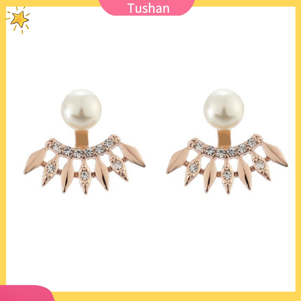 TUSH_Fashion Women Rhinestone Faux Pearl Fan Shape Ear Jackets Earrings Jewelry Gift