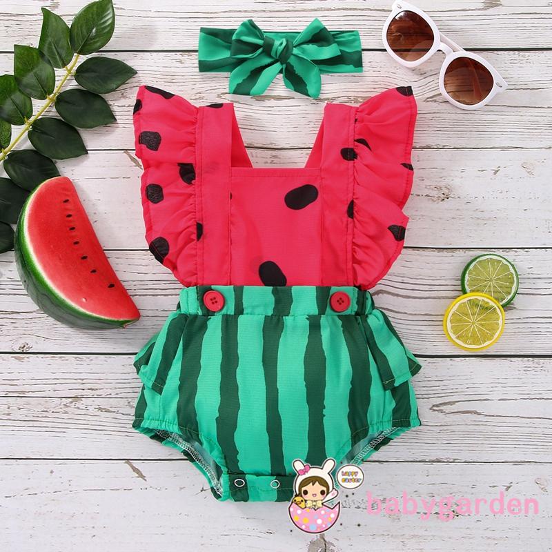 Bộ Áo Liền Quần Tay Cánh Tiên In Họa Tiết Dưa Hấu Kèm Băng Đô Xinh Xắn Cho Bé Gái 0-2 Tuổi