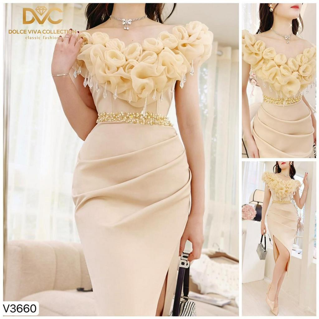 V3660 Váy kem body dự tiệc trễ vai  váy đầm kem cổ V hoa nổi dáng dài sexy