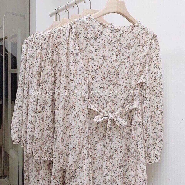 [Ảnh thật] Váy hoa nhí dáng dài thắt nơ - Váy hoa cỏ chất lụa hàn vintage