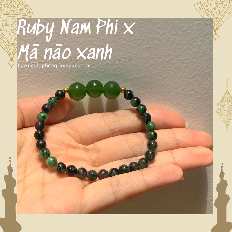 Vòng đá phong thuỷ Ruby Nam Phi mix Mã não xanh thịnh vượng (tặng hộp làm quà, kim dây xâu và 3 viên TA hồng)