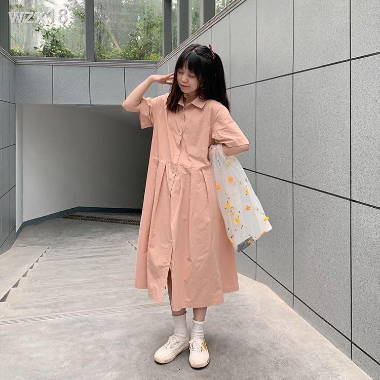 Đại học Nhật Bản phong cách xếp ly cổ áo sơ mi màu hồng lỏng tay ngắn nhỏ tươi mới váy mỏng