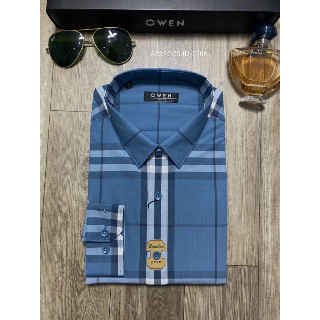 Áo Sơ Mi Nam Dài Tay OWEN AS220054D Somi Công Sở Vải Sợi Tre Cao Cấp Màu Kẻ Caro Lớn Xanh Xám Dáng Ôm Tà Lượn Không Túi