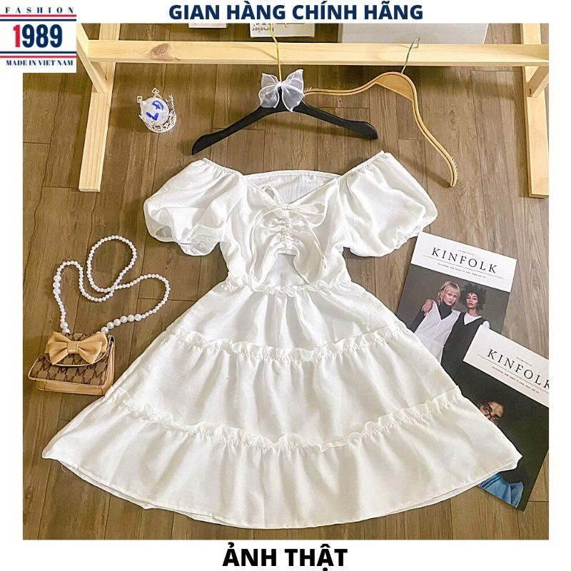 Đầm trễ vai tay bồng nhún ngực khoét eo kiểu dáng hàn quốc váy dự tiệc ulzzang vinatge-PHƯƠNG VŨ 1989