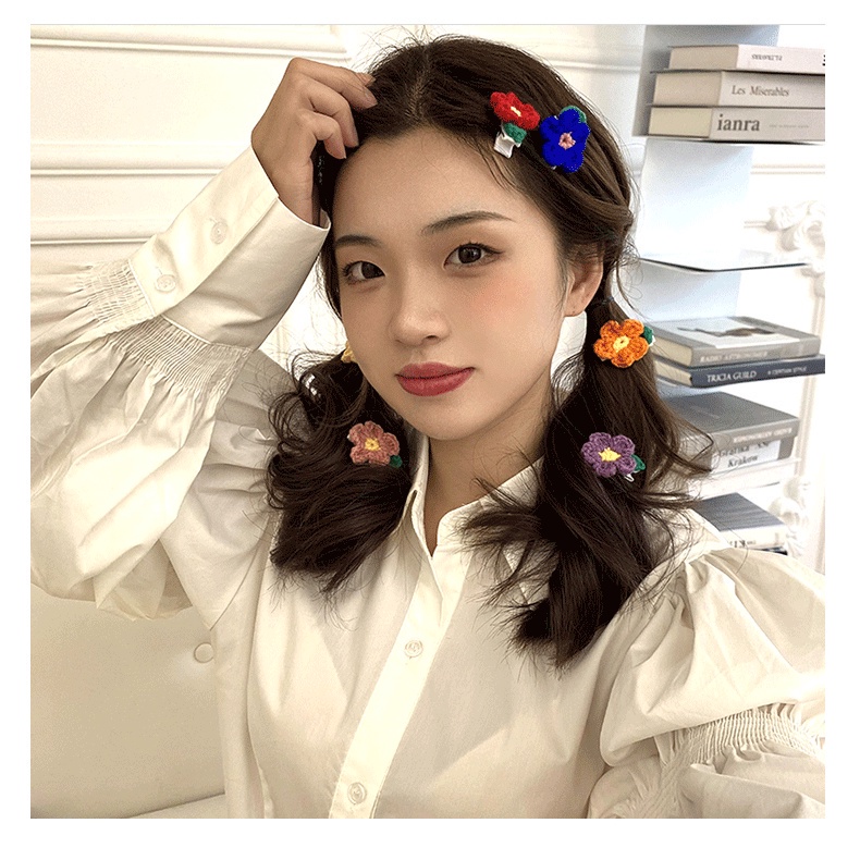 Kẹp tóc len hình hoa nhiều màu sắc dễ thương cho nữ