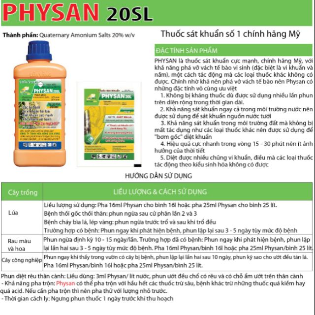 Physan 20sl thuốc sát khuẩn chống nấm , trị thối nhũn thối thân cho lan , cây cảnh hiệu quả sau 30 phút  giá 90k / lọ