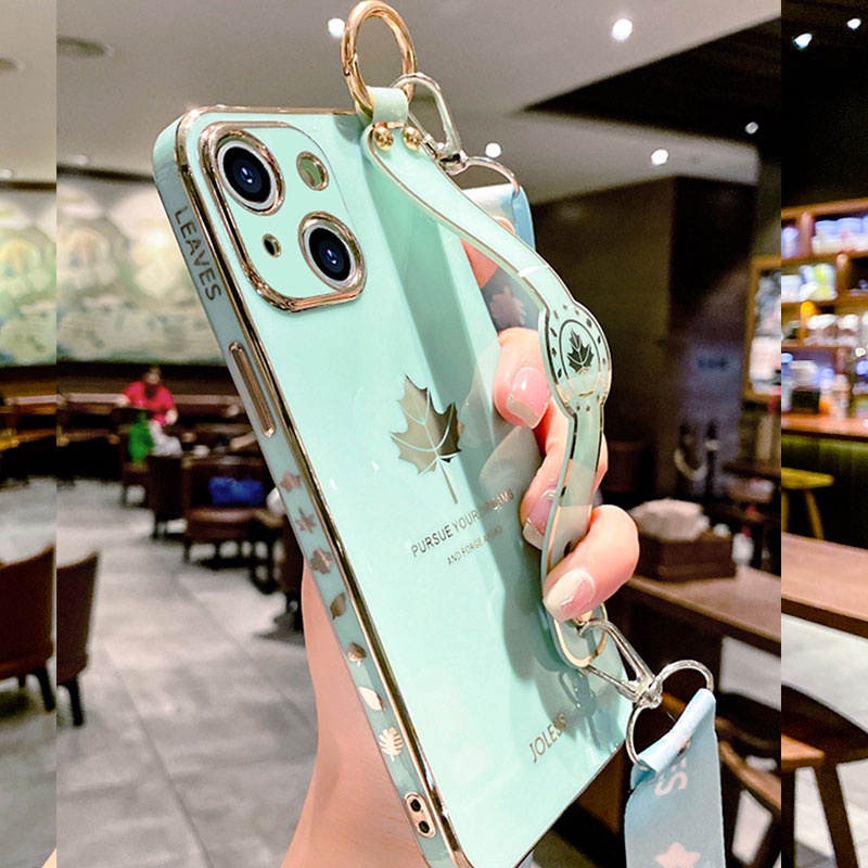 Ốp Điện Thoại Tpu Họa Tiết Lá Phong Sang Trọng Kèm Vòng Tay & Dây Đeo Cho IPhone 14 Pro X XS XR Max 8 7 6 6s Plus Se 3 2 2022 2020