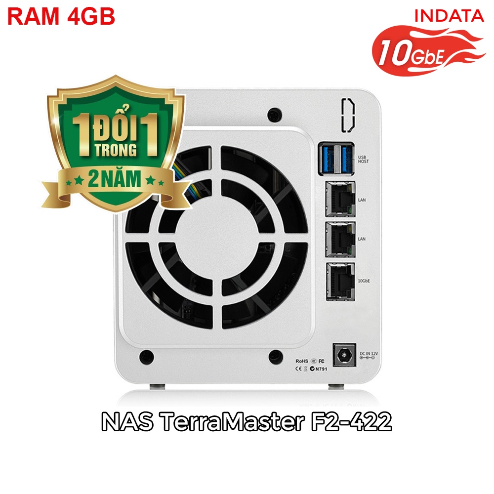 Bộ lưu trữ mạng NAS TerraMaster F2-422, LAN 10Gbps, Intel Quad-Core 1.5GHz, 4GB RAM, 651MB/s, 2 khay ổ cứng RAID
