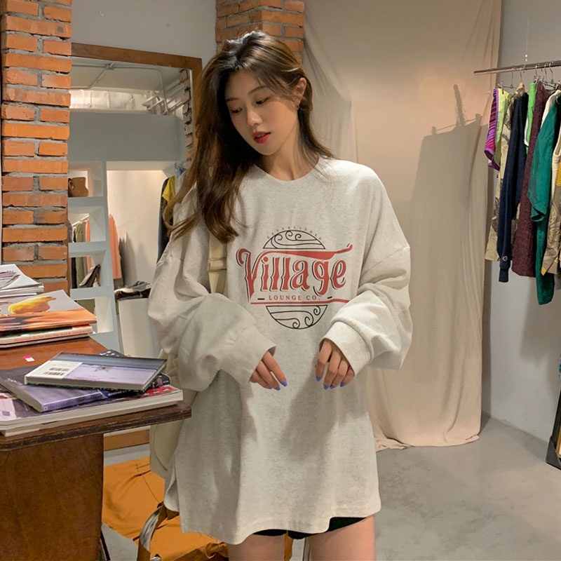 Happy-store  Áo thun Tay Dài Dáng Rộng Phong Cách Thời Trang Hàn Quốc