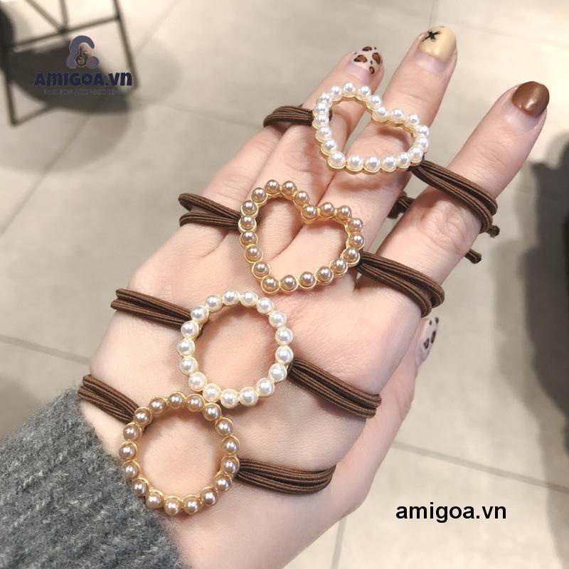 ✨✨Dây buộc tóc cao su đính ngọc trai hình trái tim phong cách Hàn Quốc