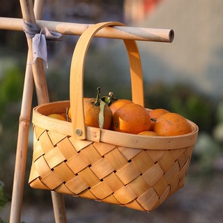 Hand Woven Bread Fruit Storage Basket with Handle Wood Chip Storage Box Portable Picnic Snack Food Container Kitchen Organizer