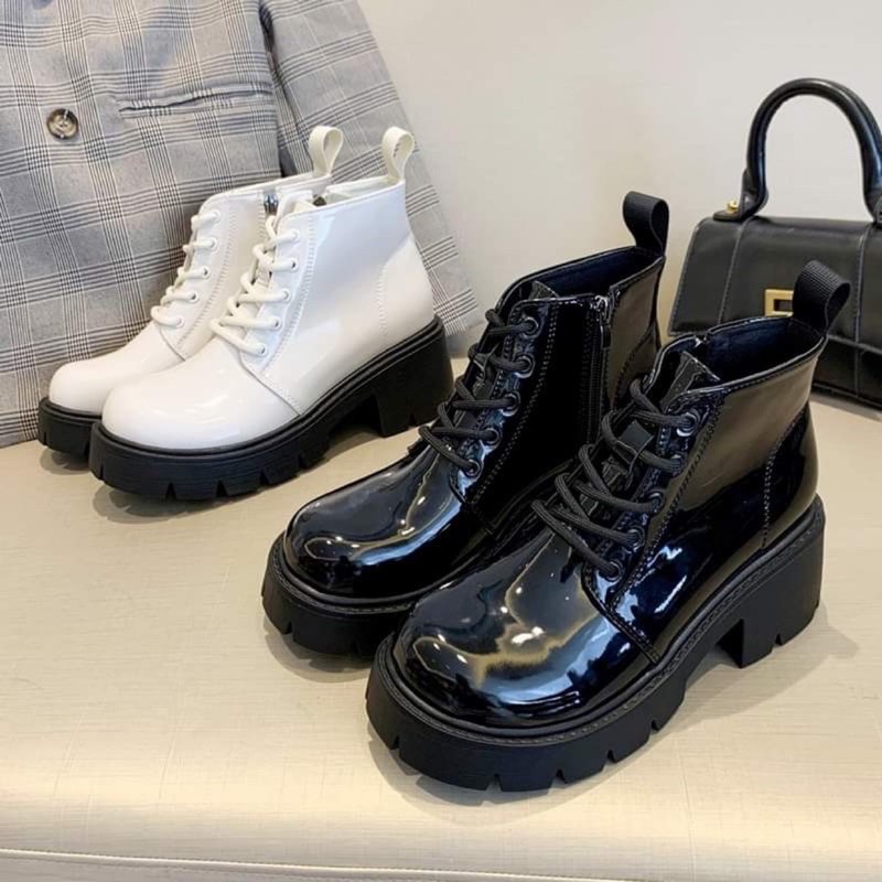 Giày combat trắng da bóng đế cao 6cm