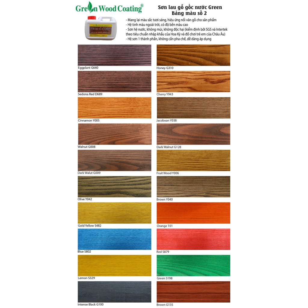 Sơn lau gỗ gốc nước Green - Bảng màu số 1- (Water-Based Wood Stain)