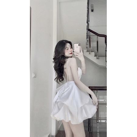 váy tafta chân phồng dây ngọc nơ lưng( ảnh thật shop chụp canh mang)