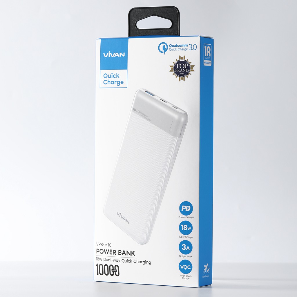 Pin Sạc Dự Phòng Chính Hãng 10000mAh VIVAN VPB-M10 Sạc Nhanh Chuẩn PD/QC3.0 18W 2 Output 2 Input