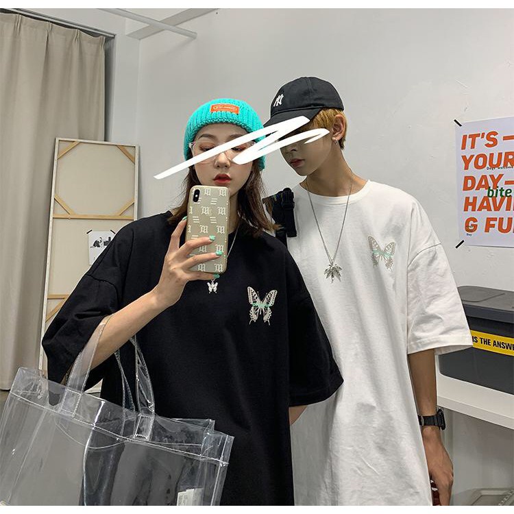 ÁO THUN UNISEX TAY LỠ HOẠ TIẾT BƯỚM TRẮNG ĐEN FORM TO