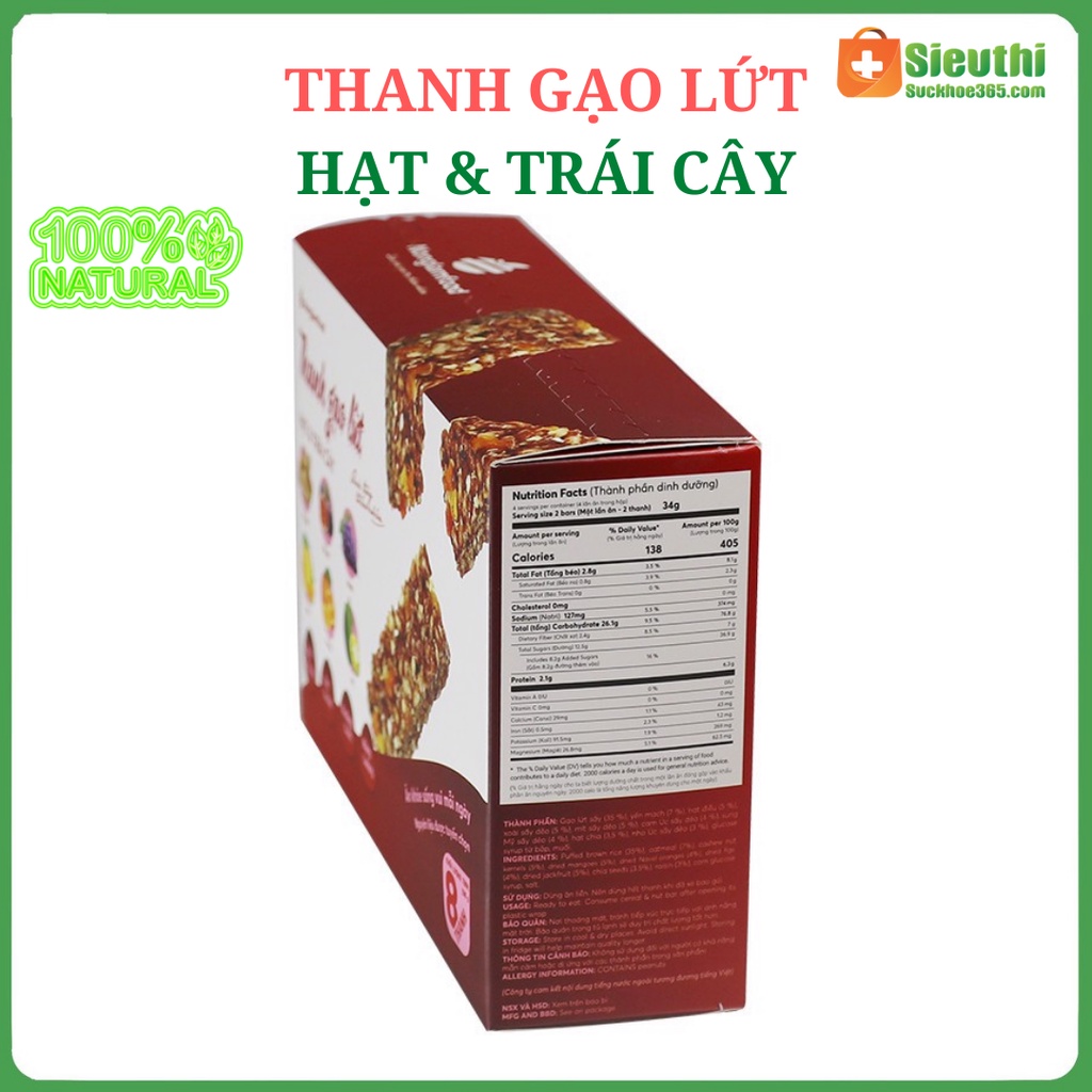 Bánh thanh cơm gạo lứt sấy hạt & Trái Cây hộp 8 thanh 136g nhiều vitamin dinh dưỡng dùng cho người tiểu đường, ăn kiêng