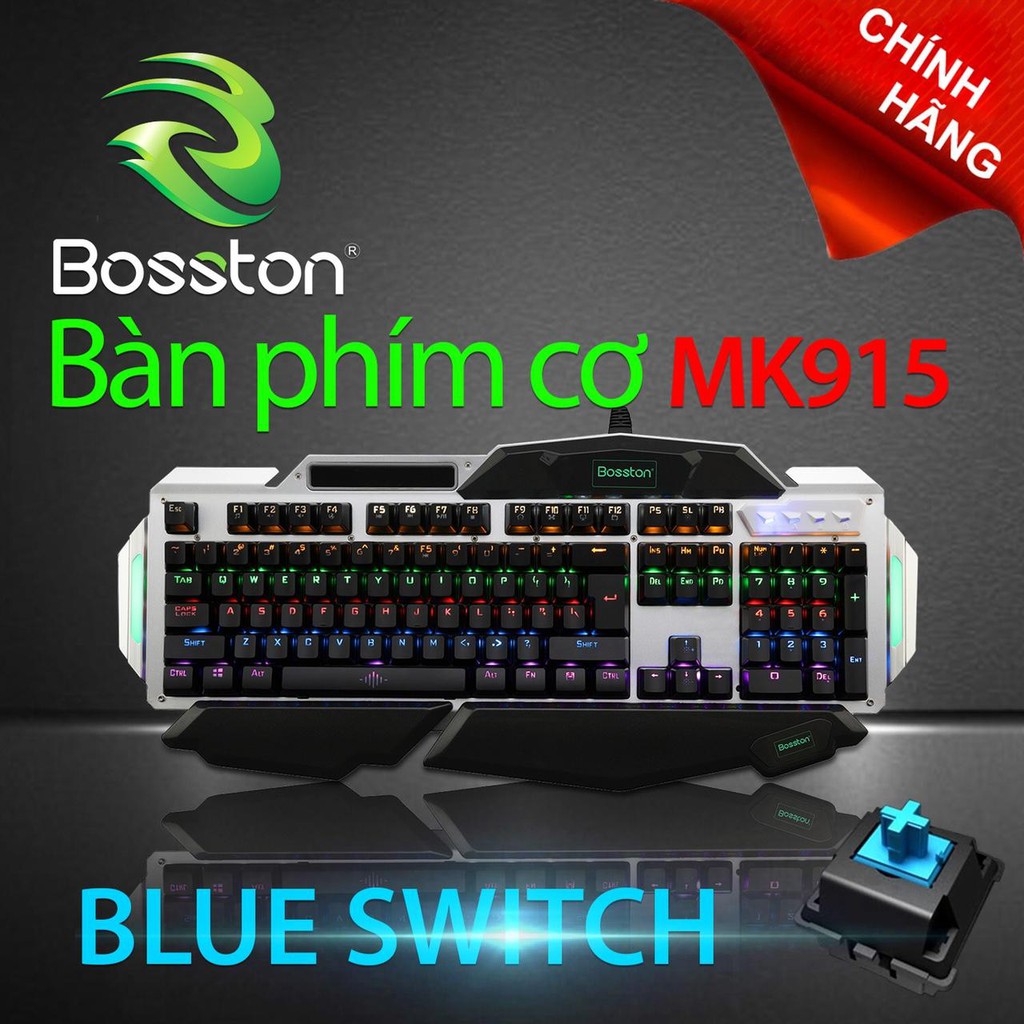 Bàn phím cơ blue switch cao cấp Bosston MK915 chuyên game - 10 kiểu đèn led (Đen bạc) - Hãng phân phối chính thức