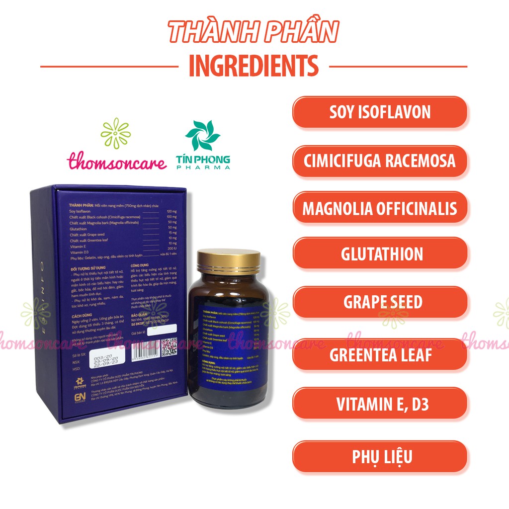Bổ sung nội tiết tố nữ, giảm nám da từ mầm đậu nành và Glutathion - Estinfo Hộp 60 viên