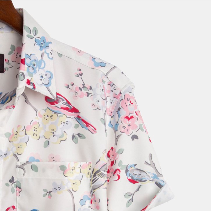 Áo sơ mi nam nữ đi biển vài lụa mềm họa tiết hoa đào mang đi biển áo nhóm mềm mát thấm co giãn