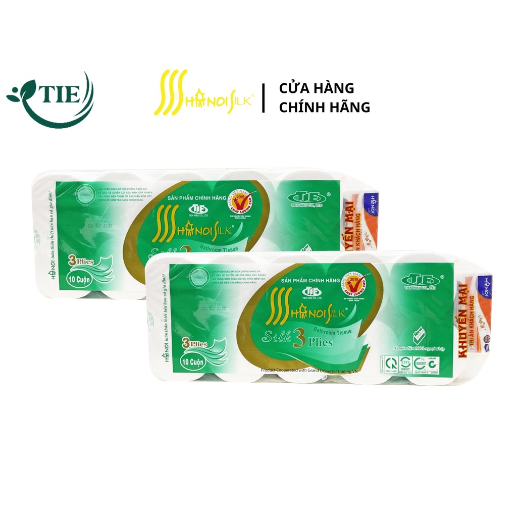 Combo 2 dây Giấy vệ sinh HÀ NỘI SILK 3 lớp Xanh Không Lõi Cao Cấp (Tặng Khăn giấy rút lụa Hà Nội 150 tờ)