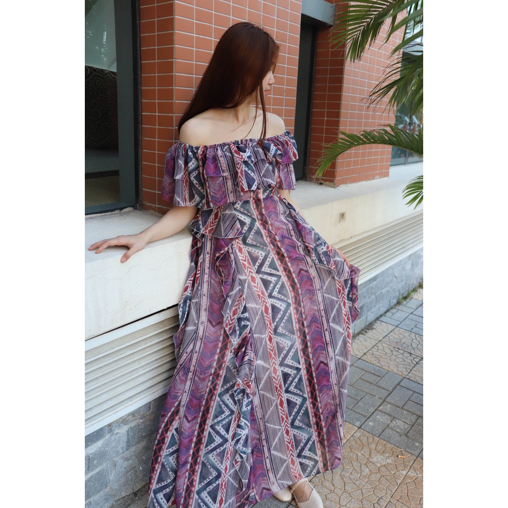 Váy đầm maxi dáng xòe dài đi biển họa tiết thổ cẩm boho vintage trễ bẹt vai hotgirl sexy bigsize freesize
