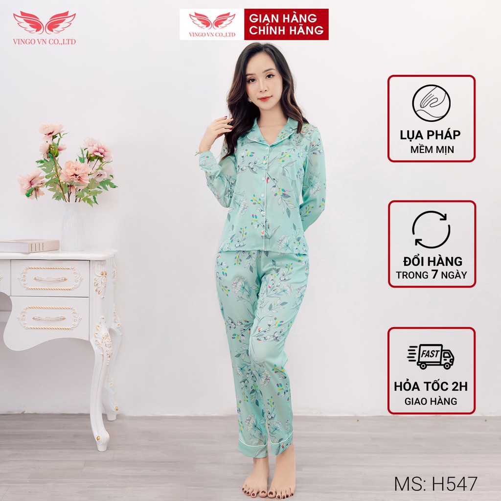 Đồ Bộ Nữ Pijama Mặc Nhà VINGO Lụa Pháp Cao Cấp Tay Dài Quần Dài Cổ Vest Có Eo Họa Tiết Hoa Lá Thu Đông H547 VNGO - TDQD