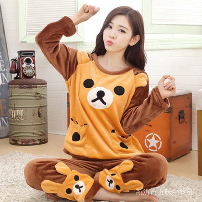 Bộ Đồ Ngủ Lông Cừu San Hô Dày Dặn Ấm Áp Thời Trang Thu Đông Cho Nữ