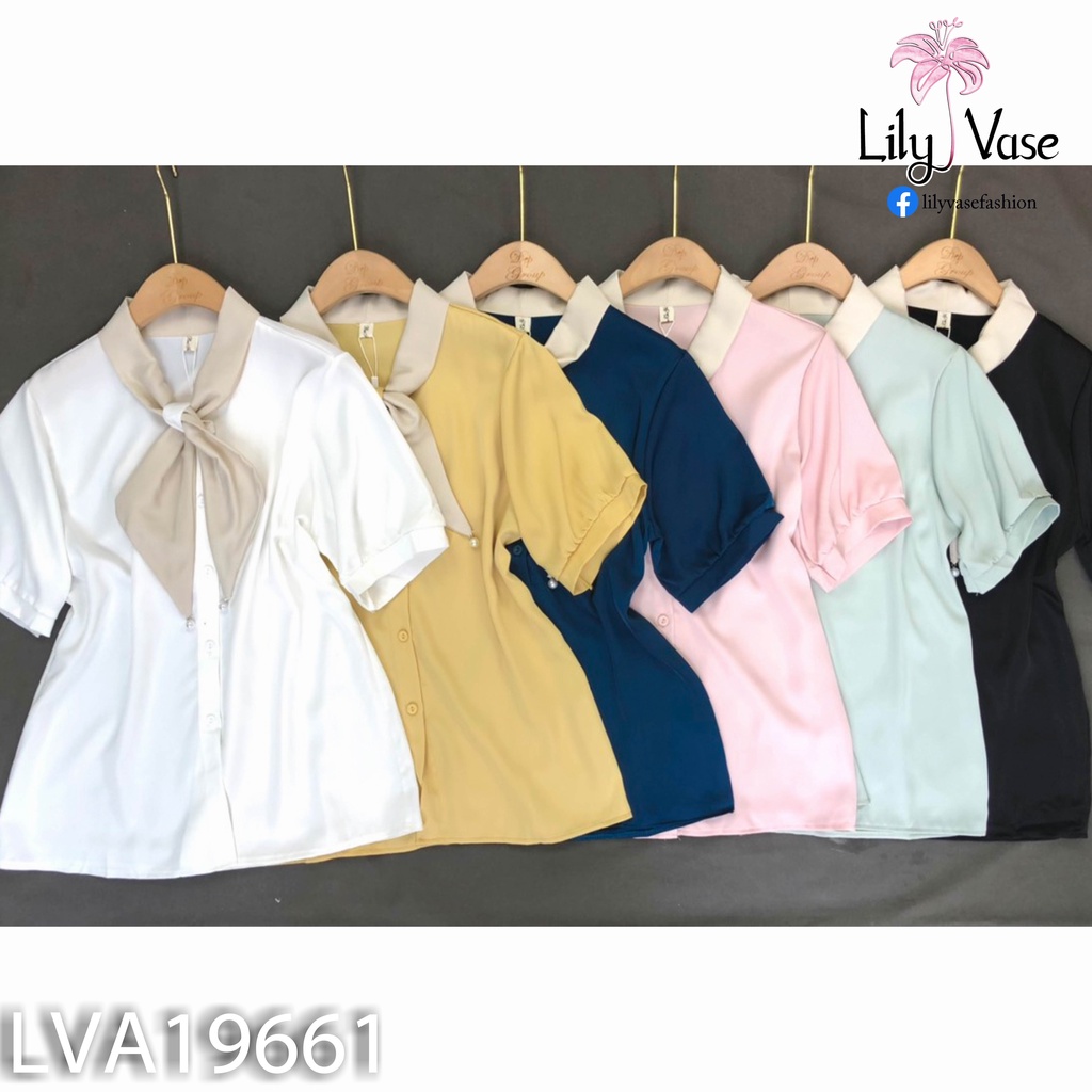 Áo sơ mi nữ chất vải lụa mềm mát ngắn tay, cổ chữ V kèm khăn thắt kiểu nơ tiểu thư nhẹ nhàng trang nhã (LVA19661)