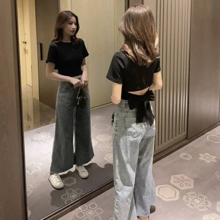 Áo Thun Ngắn Tay Thắt Dây Eo Cổ Tròn Phong Cách Hàn Quốc Dành Cho Nữ