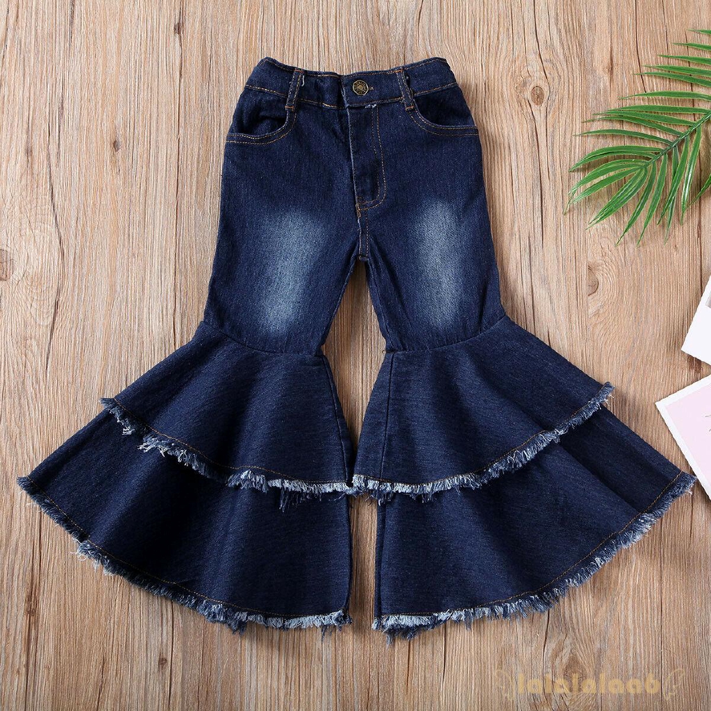 Quần jeans dài ống loe phối tua rua thời trang cho nữ