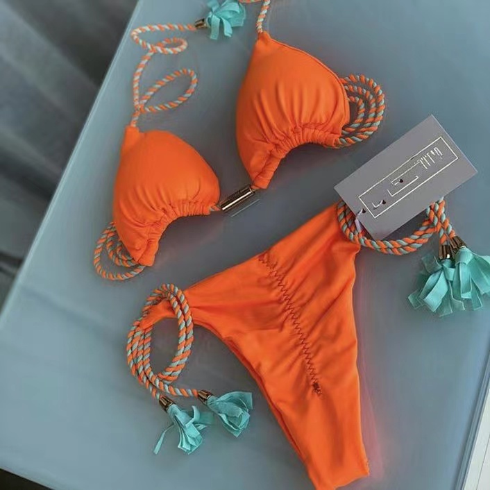 Bộ Đồ Bơi Bikini Hai Mảnh Tam Giác Màu Sắc Xanh Dương / Hồng Phối Tua Rua Gợi Cảm Cho Nữ