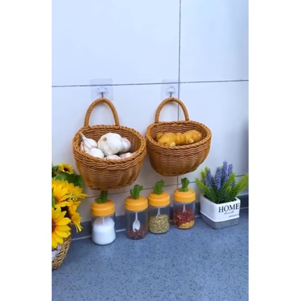 Giỏ treo tường mây tre đan, giỏ đựng hành, tỏi, ớt, giỏ đựng đồ dùng