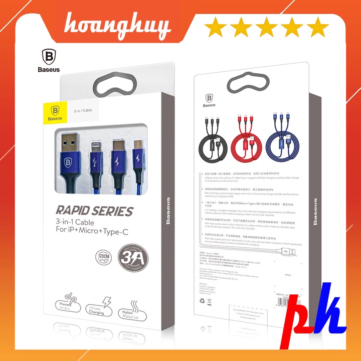 Cáp sạc 3 đầu Baseus 3A 1.2m