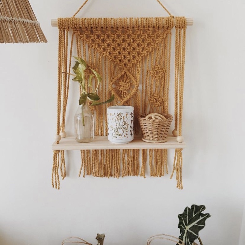 Kệ Gỗ treo tường 1 tầng kết hợp macrame trang trí size 40x50x15cm