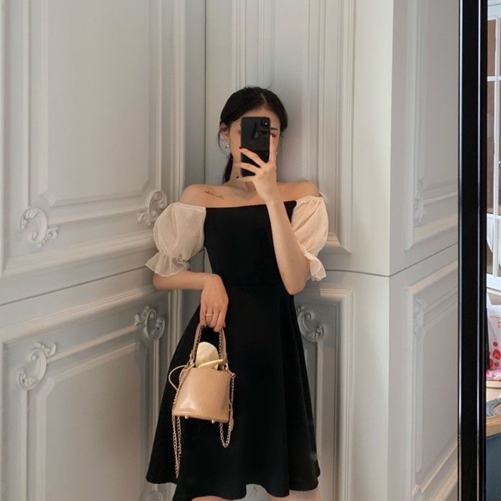 Váy nữ , váy đầm nữ dáng xòe ôm tay phồng trễ vai cổ vuông thiết kế phong cách kiểu Pháp sang chảnh ATILA.SHOP | BigBuy360 - bigbuy360.vn