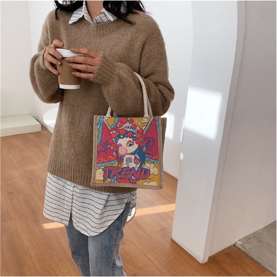 Túi TOTE vải cói mini dáng vuông khóa kéo phù hợp đi du lịch, đi biển phong cách Hàn Quốc, Túi nữ TX004 - Filibra