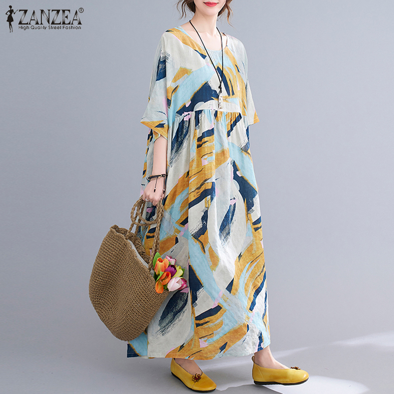 Đầm Maxi ZANZEA Ngắn Tay In Họa Tiết Hình Học Sành Điệu Cho Nữ