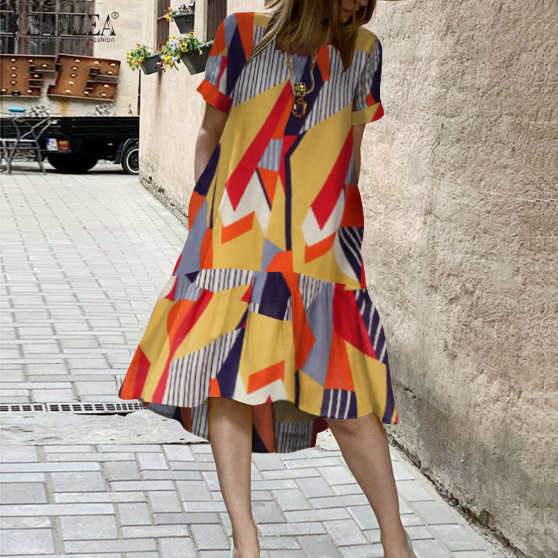 Đầm midi Zanzea tay ngắn in họa tiết hình học thời trang dành cho nữ