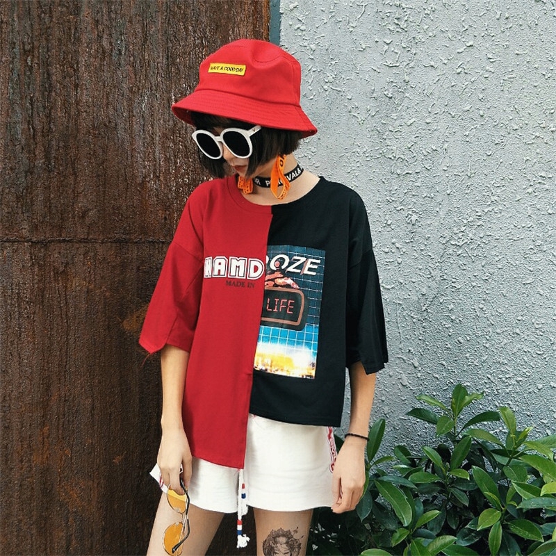 SUXI Áo thun ngắn tay in hình phong cách Hàn Quốc