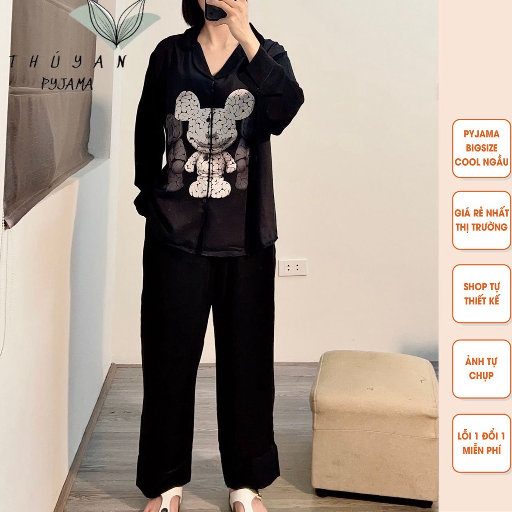 Bộ Pijama nữ bigsize tai chuột trắng tay dài chất lụa Mango ko nhăn dành cho nữ, mẹ bầu 60 -90kg