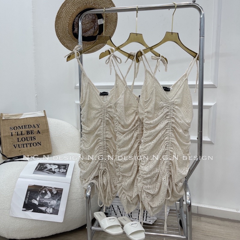 Đầm 2 dây ren rút dây mặc ngoài bikini vân tiny