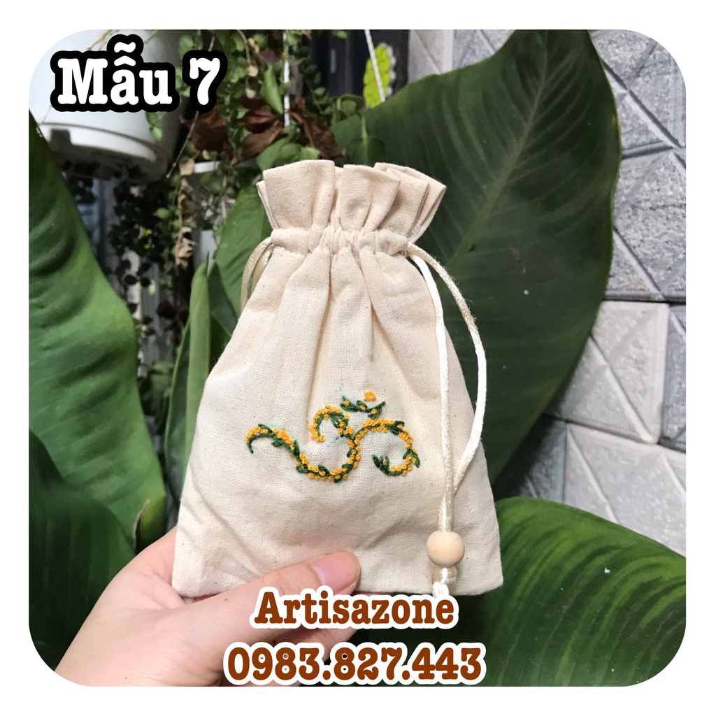 Túi vải dây rút thêu chữ OM, kích thước: 10cm x 15cm (Vải thô mộc) - 01 chiếc - (Đọc kỹ mô tả sản phẩm)