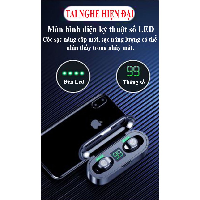 Tai nghe cảm ứng Bluetooth 5.0 F9 đàm thoại, nghe nhạc HD cao - Đen