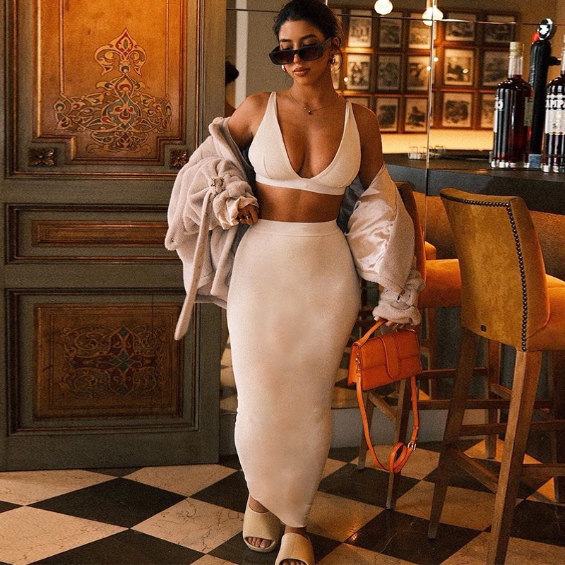 DUNEA Set đồ gồm áo cổ chữ V hở lưng và chân váy phong cách quyến rũ cho nữ