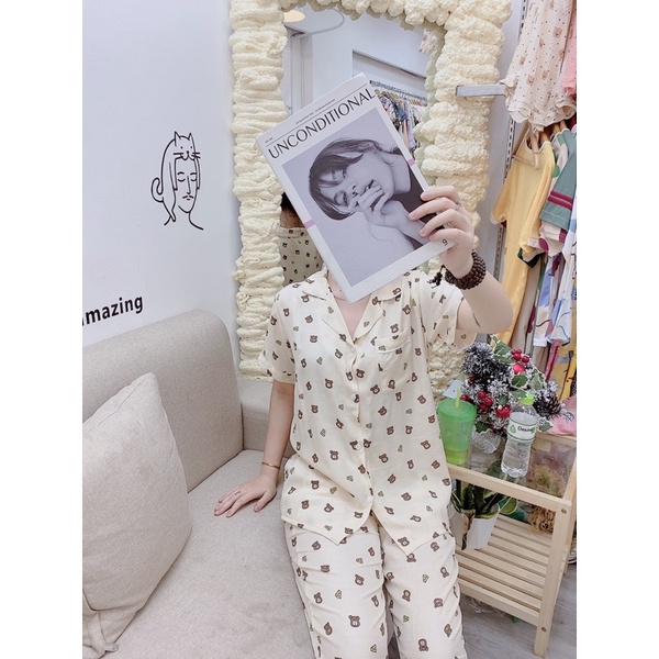 Bộ pijama mặc nhà bộ ngủ nữ bộ đũi tay cộc quần dài chất siêu mát mùa hè 2023 Kingofpijamas