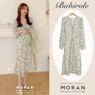 (ORDER) Váy MORAN dài tay mùa thu voan hoa nhí xanh nhẹ nhàng cổ V thắt eo điệu đà Korea - Có ảnh thật