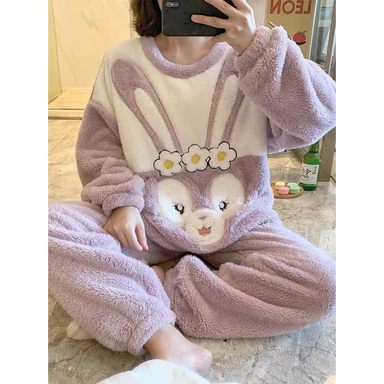 Bộ đồ ngủ bông, pijama, quần áo mặc ở nhà dài tay mùa đông có mũ chất lông mềm mịn hình cute dày dặn siêu ấm