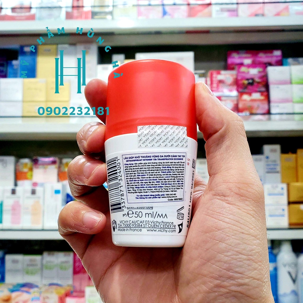 Lăn khử mùi Vichy, khô thoáng suốt 72h, thu nhỏ lỗ chân lông, thấm hút mồ hôi, nắp đỏ 50ml